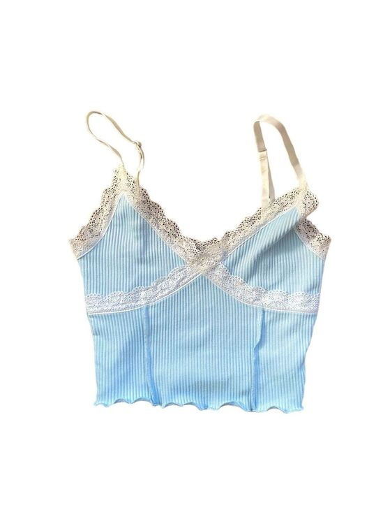 Divided Tops - 2/$10 Divided Light Blue with Off-White Lace Trim Cropped Tank Size XS